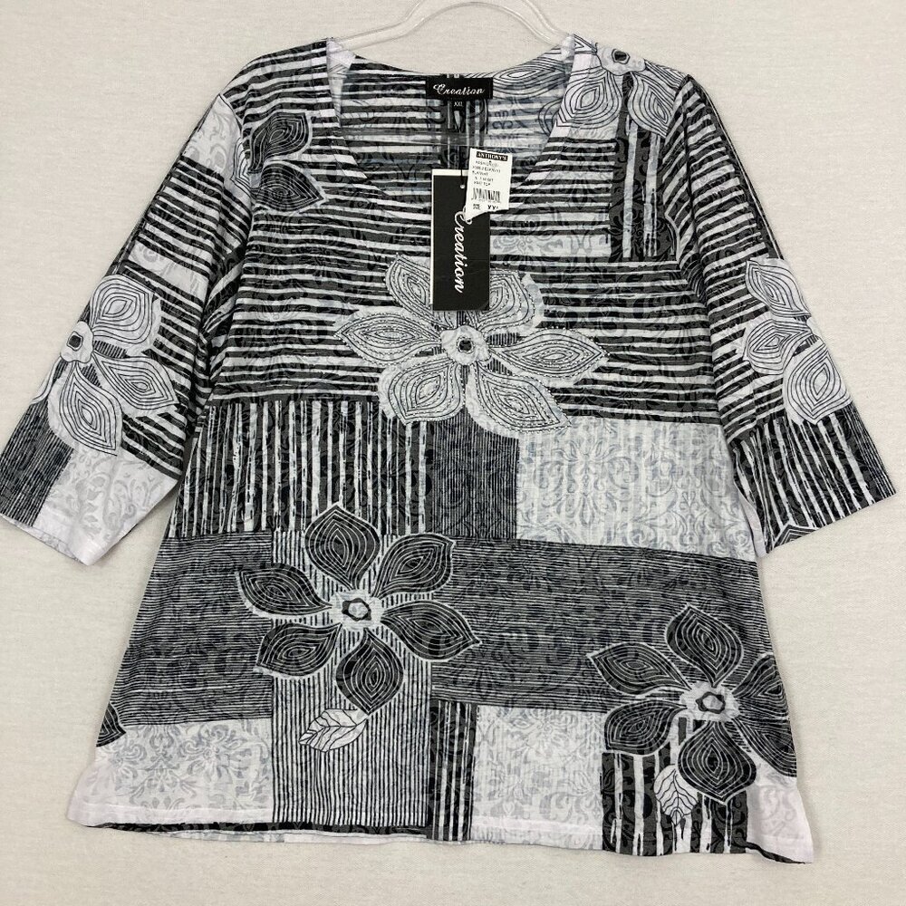 New Creation Black White‎ Floral Knit Stretch 3/4 Sleeve Artsy Pullover Top XXL